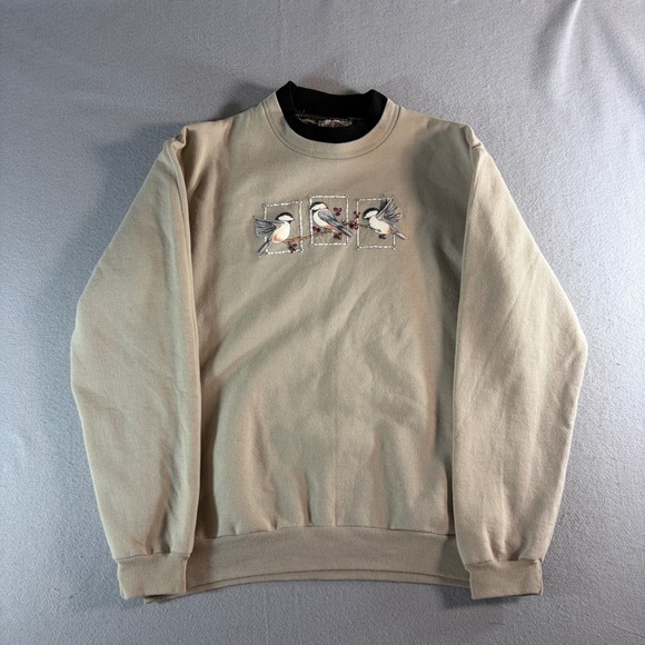 Day Breeze Tops - Day Breeze Womens Chickadee Bird Embroidered Mock Neck Sweatshirt Tan Size M